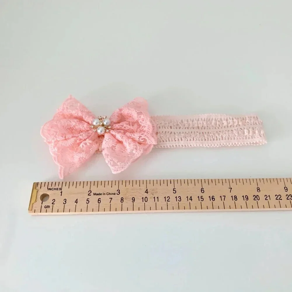 NWT Pretty Boutique Girls Beaded Lace Bow Headband Cute Hair Accessories Peach